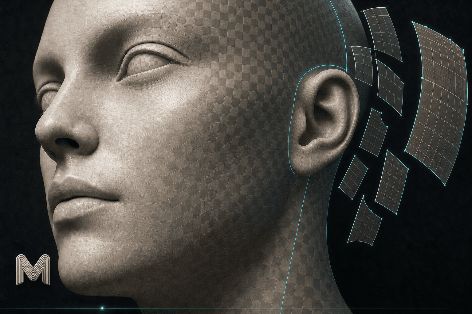 A 3D head with a checker texture and separated UV islands outlined in cyan