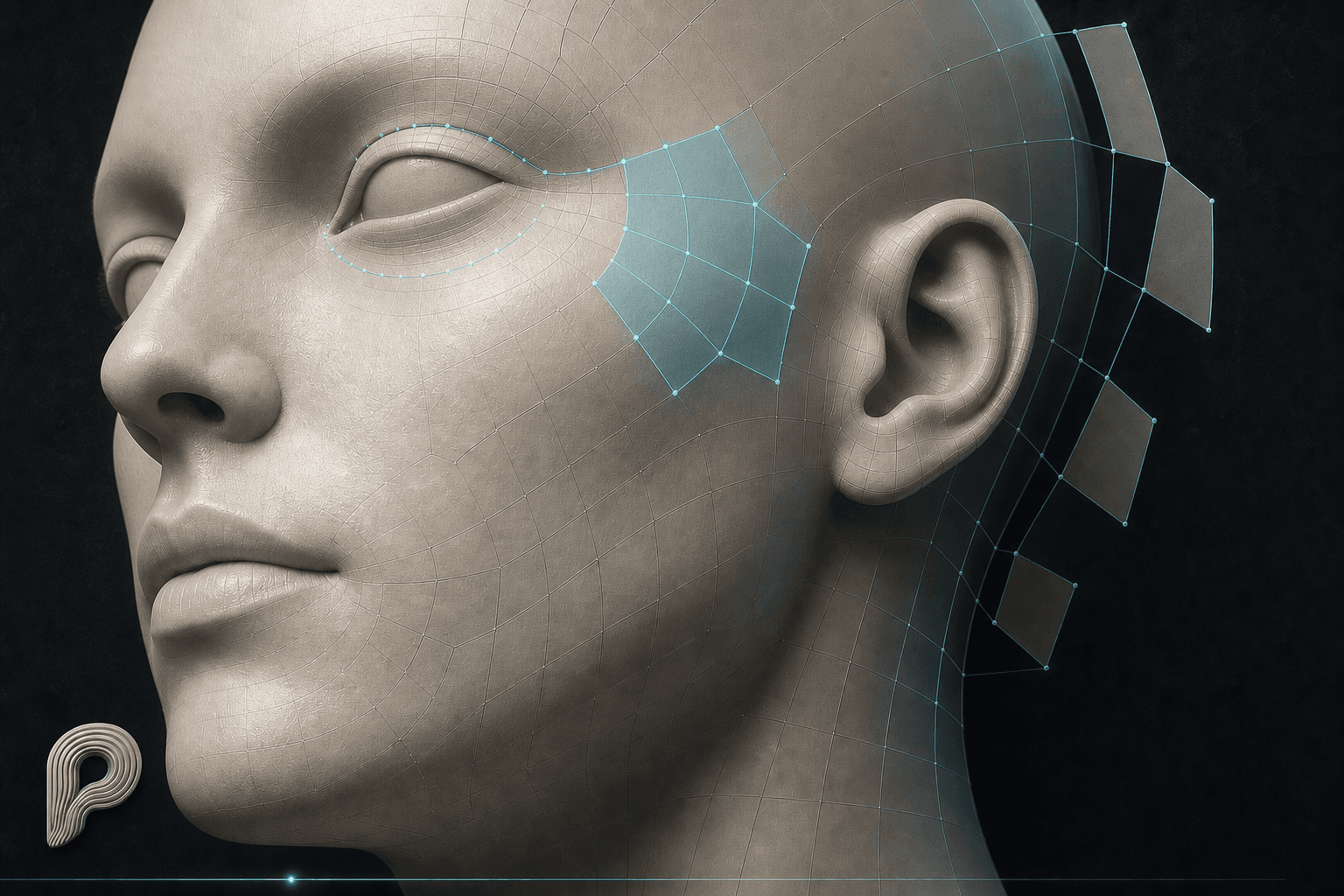 A detailed neutral 3D head model with selected topology highlighted in cyan