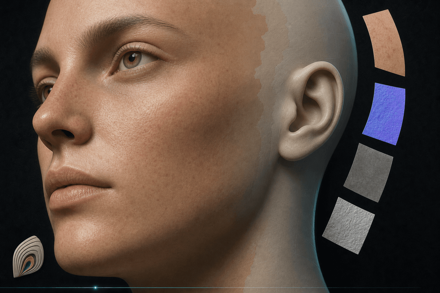 A partially textured digital head beside albedo, normal, and material texture swatches
